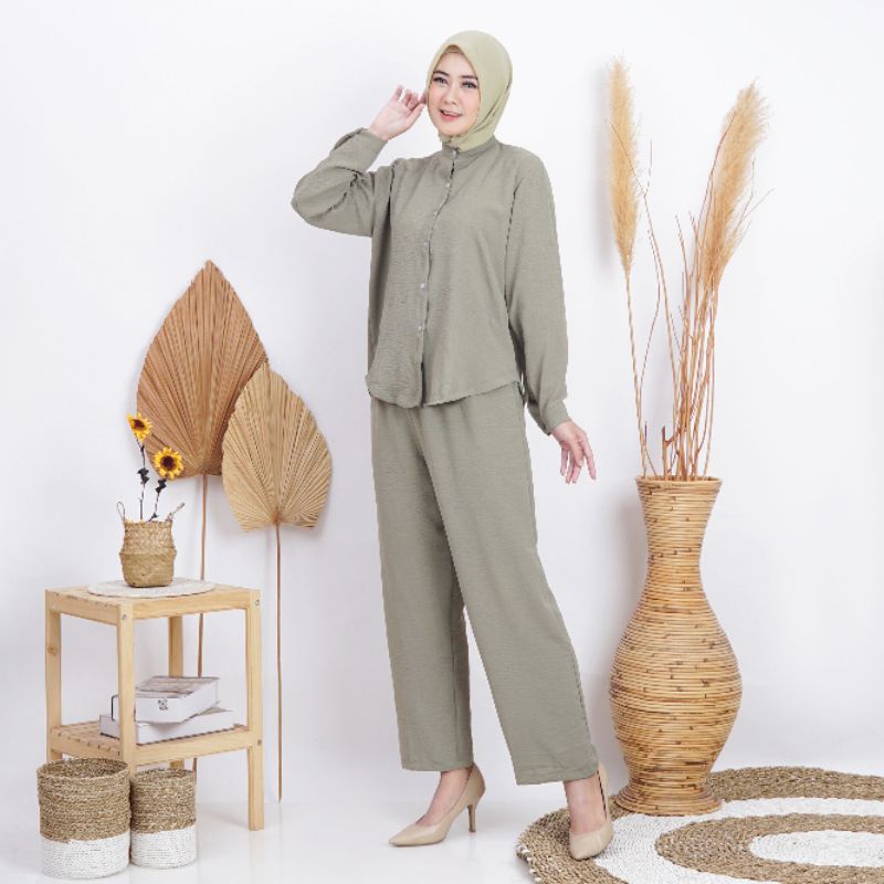 Kemeja set wanita krah shanghai | Setelan kemeja busui lengan panjang | Setelan kemeja oversize crinkle