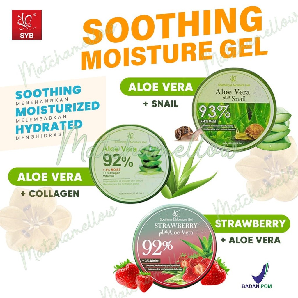 SYB Soothing &amp; Moisture Gel Aloe Vera 92% | Strawberry Plus Aloe Vera | Aloe Vera Plus Snail 93% | 100ml | BPOM (Valensia)