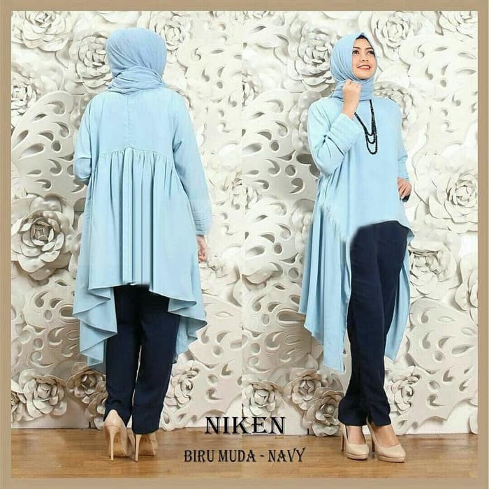 HOT PRODUK-PAKAIAN MUSLIM WANITA-BAJU BUSANA MUSLIM STELAN NIKEN SET BIRU NAVY DRESS CELANA  PASMINA