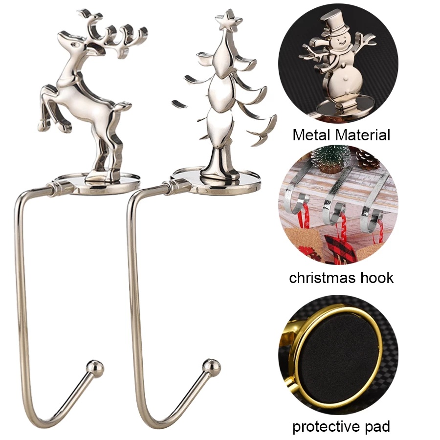 Kait Holder Penyimpanan Bentuk Kaos Kaki Snowflake Snowman Natal Warna Silver Untuk Dekorasi Perapian