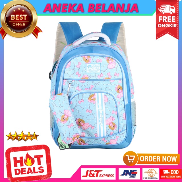 Ransel Backpack Sekolah Anak Cewek Cahaya Princess Strip Biru Lucu Keren Imut Free Tempat Pensil