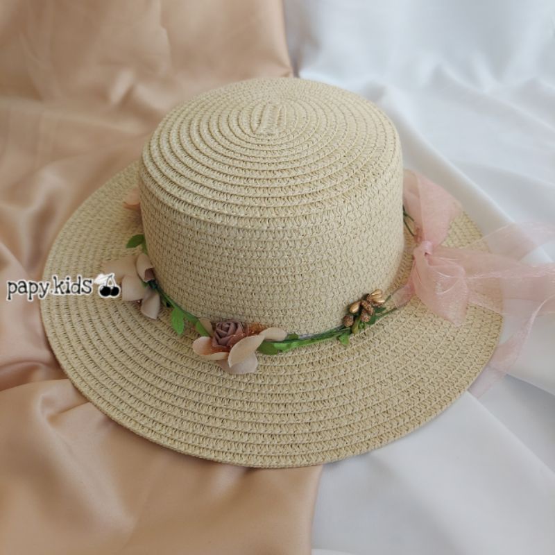 Boater Mahkota BH7/ Topi pantai anak / Topi Bulat import-Crem