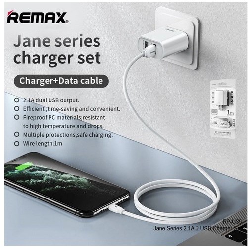 ITSTORE TRAVEL CHARGER REMAX DUAL USB 2 PORT + KABEL MIKRO USB 1M 1METER RP-U35 RP U35 5V 2.1A