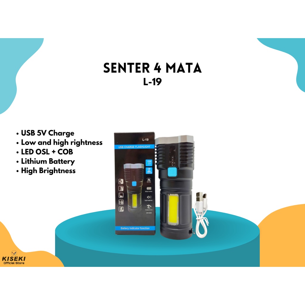 Kiseki Senter 4 Mata L-19/Yh-001| Usb Charge Flashlight | Senter Tangan | Senter Sepeda | Senter Multifungsi | bisa cod-L-19