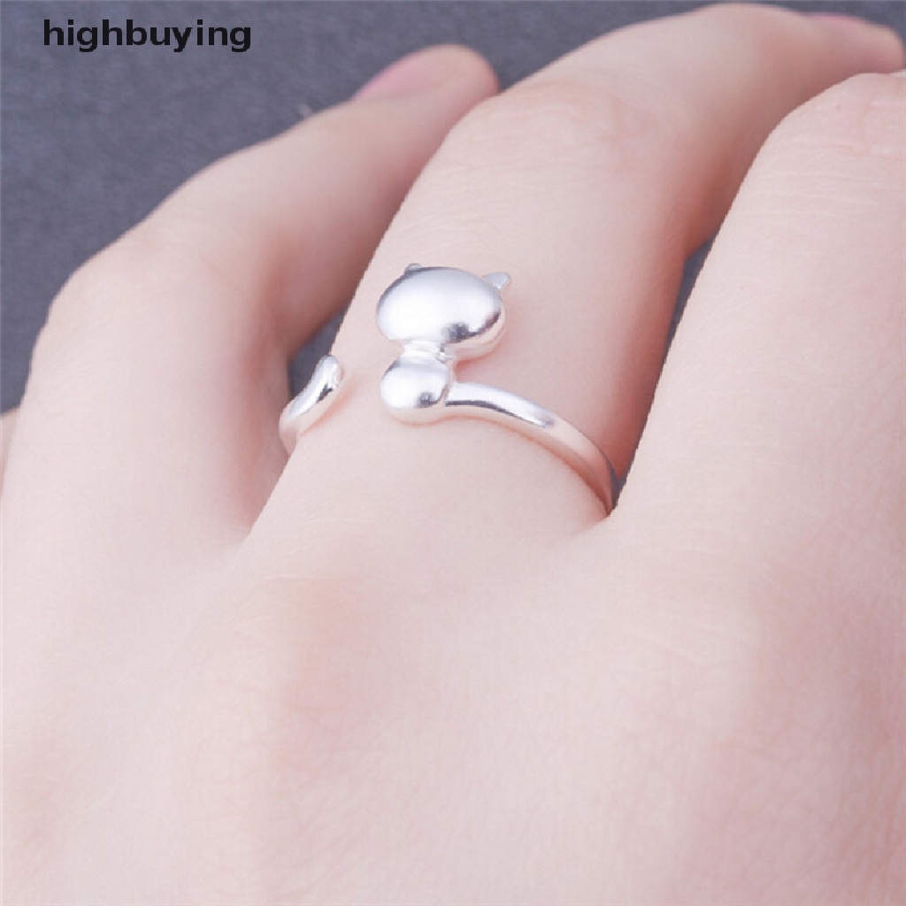 Hbid Cincin Terbuka Adjustable Lapis Silver Model Kucing Untuk Wanita