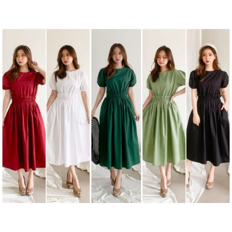 ❣ SPECIAL PRICE ♡ PREMIUM ♡ ORIGINAL ! RAFAELLA VINTAGE PLAIN RAMPLE WAIST RUFFLE FLARE MIDI  DRESS
