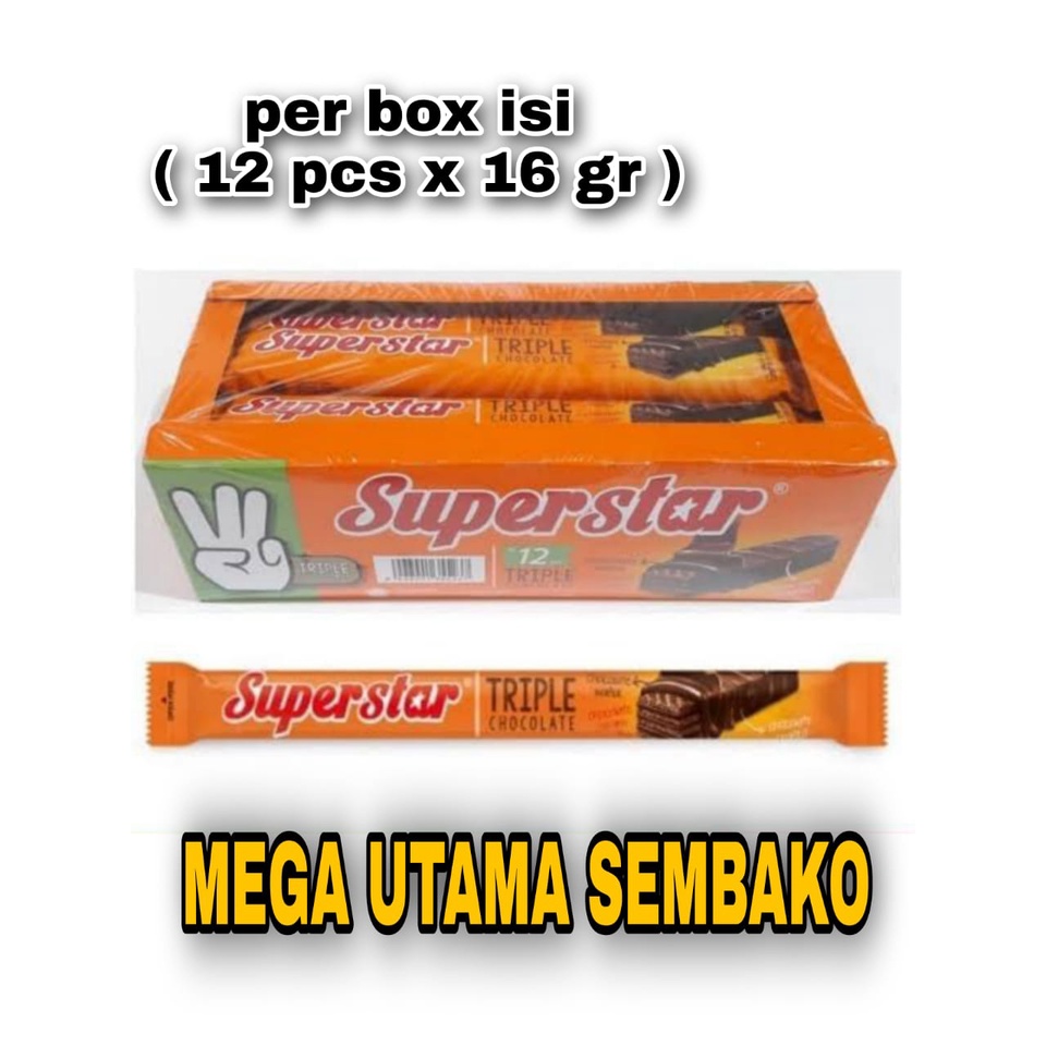 

wafer superstar triple chocolate per box isi ( 12 pcs x 16 gr )