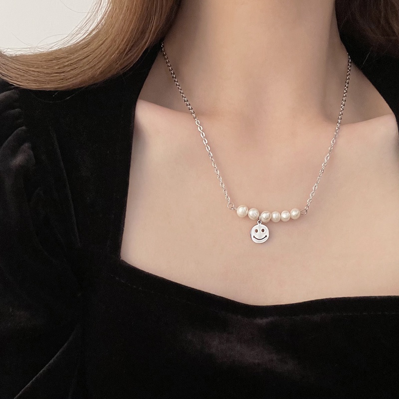 Kalung Choker Mutiara Manik-Manik Smiley Face Happy Lucky Necklaces Cute Untuk Perhiasan Wanita Gadis