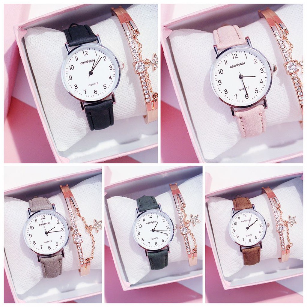 Jam Tangan Casual Gaya Retro Korea CandyCat Untuk Wanita Strap PU / Jam Tangan Wanita Casual