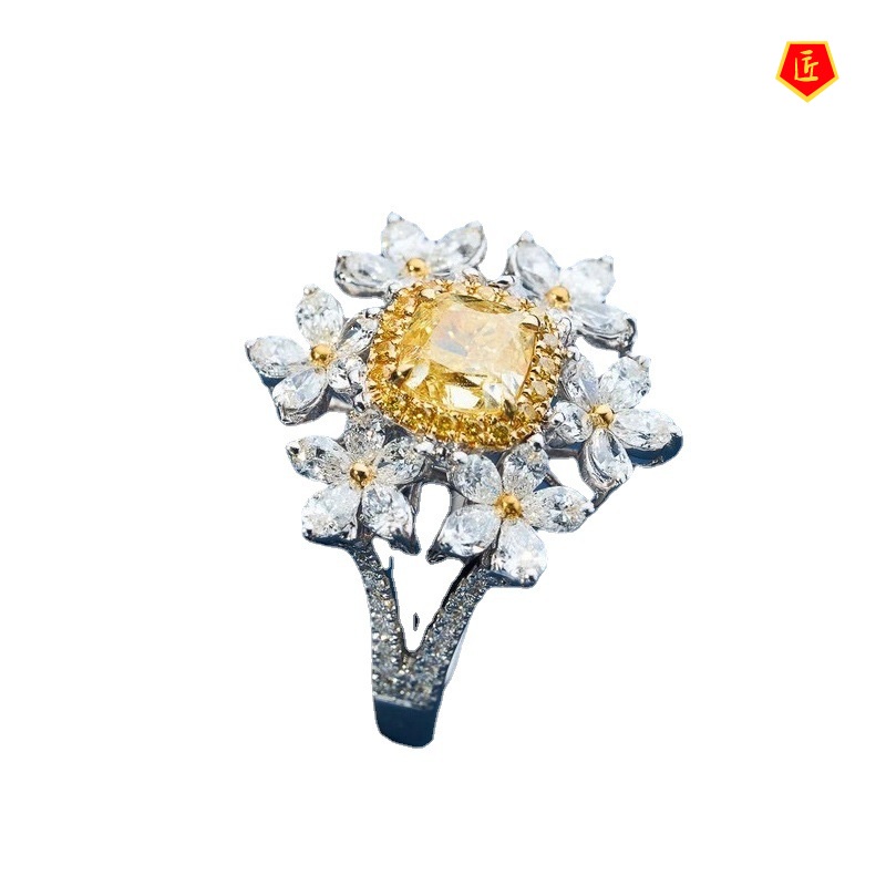 [Ready Stock]Light Luxury Yellow Diamond Flower Ring