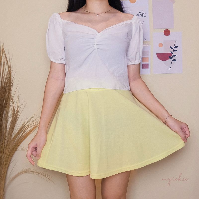 MyCikii Puffy Crop Top Polos / atasan wanita crop kerut / atasan casual sabrina import korea