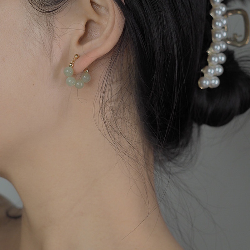 Anting Stud Manik-Manik Giok Alami Empat Hetian Untuk Wanita