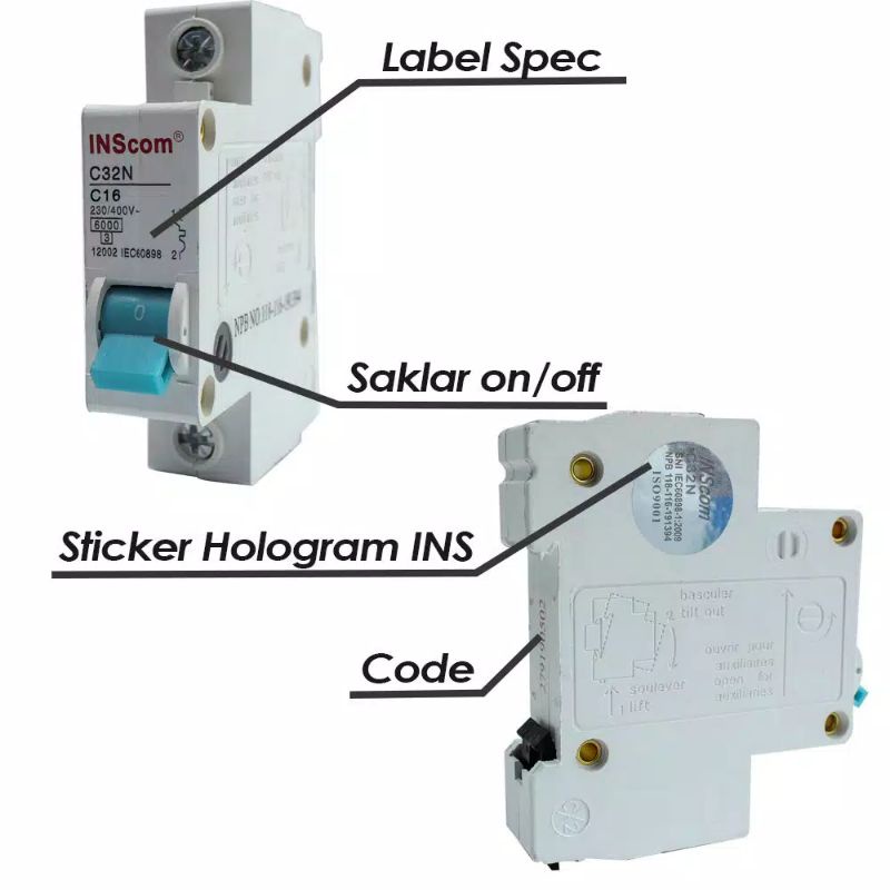 MCB INS  1 PHASE 4A / 6A / 10A / 16A /Mcb INS COM C32N Pemutus Sirkit 1 Phase 4A 6A 10A 16A