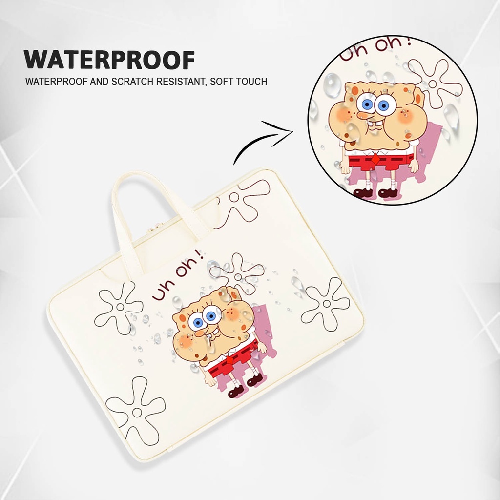 Sleeve Pouch Sarung Tas Bag Case Ipad Tab Tablet Macbook Air Pro Laptop Asus Acer Lenovo HP Huawei 11 12 13 14 15 inch Motif Gambar Kartun Cartoon Spongebob Warna Putih Lucu Cute Murah Korean Model Jinjing Tali Strap