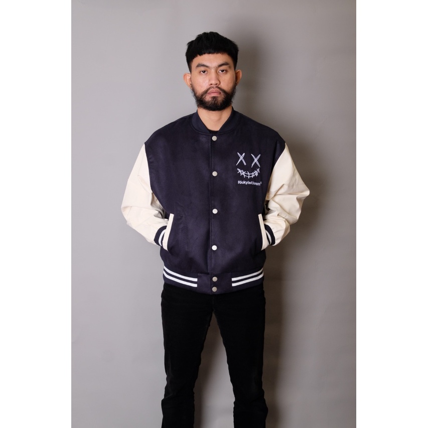 RICKY IS CLOWN DECON RIPPED SUEDE NAVY VARSITY JACKET