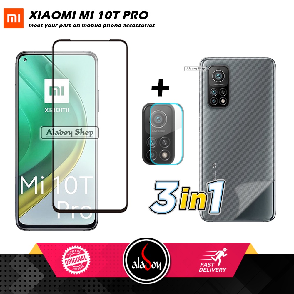 PAKET 3 IN 1 Tempered Glass Layar Xiaomi Mi 10T Pro Free Tempered Glass Camera dan Skin Carbon