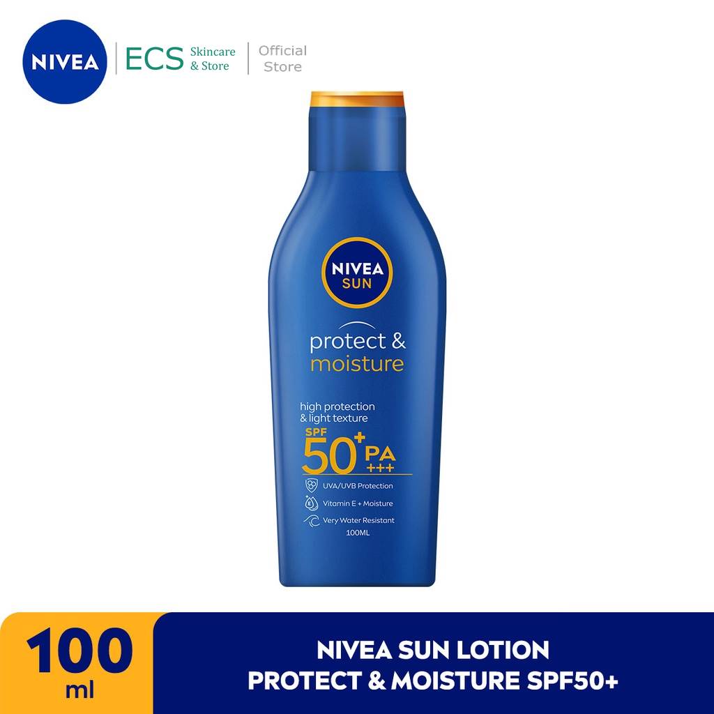 Sunblok NIVEA Sun Sun Protect &amp; Moisture Lotion SPF 50 - 100 ml - BPOM Halal Kemasan Biru - Sunscreen  Tubuh Suncreen Sunscren Suncren tabir Surya Sunblock Sunblok Wajah Sun creen Sun blok