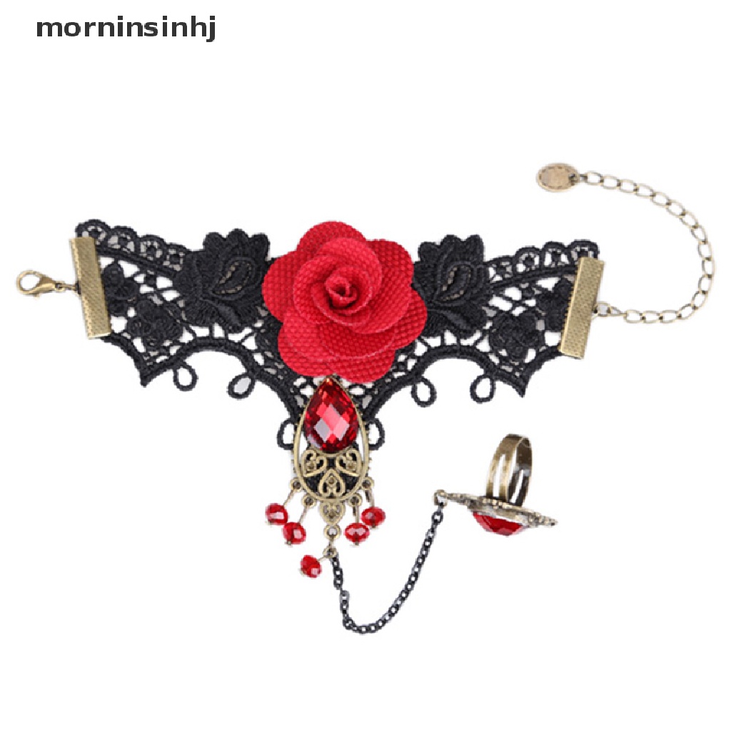 Mornin Gelang Lace Bunga Mawar Merah Gothic Elegan Adjustable Untuk Wanita