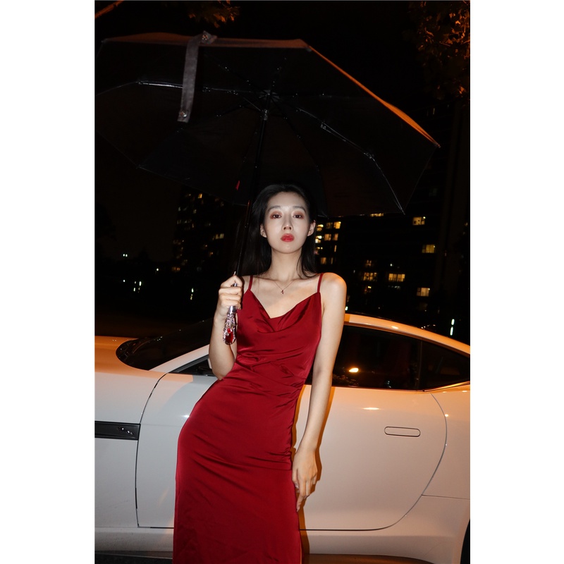 midi dress korea french red over-the-knee slip dress midi high waist skirt