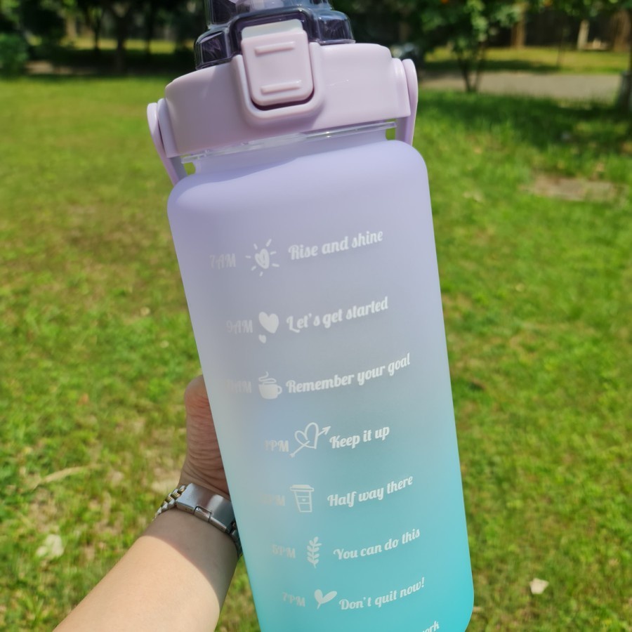 CINSTORE Botol Minum Jumbo Tritan Transparan Full Colour Olahraga Travel Motivasi Penanda Waktu Sport Water 1 2 Liter 1000 2000 Ml Botle Straw