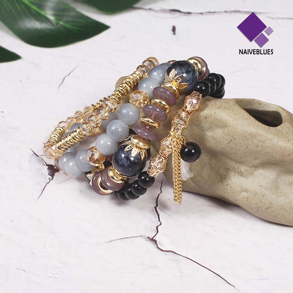 Naiveblue 4Pcs / Set Gelang Tangan Rantai Manik Batu Agate Imitasi Gaya Boho Untuk Wanita