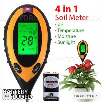 DIGITAL SOIL ANALYZER TESTER METER ALAT UKUR PH TANAH 4 IN 1 BONUS BATERAI
