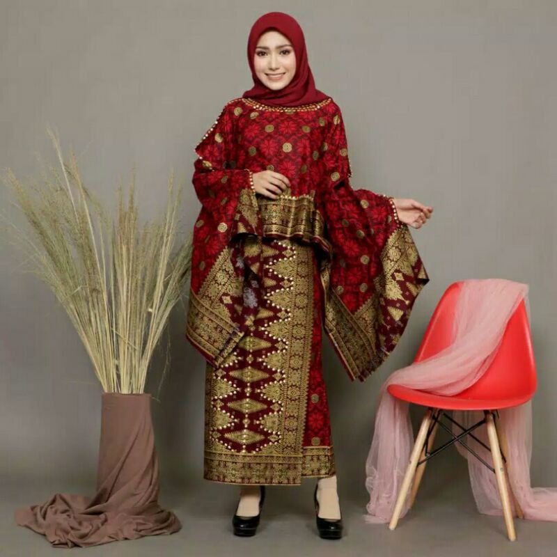 BAJU SETELAN BATIK MOTIF SONGKET PALEMBANG NABILA SET KELELAWAR COUPLE KONDANGAN WANITA MEWAH MODERN