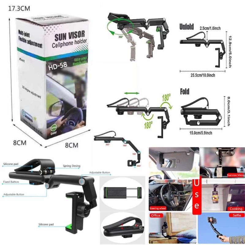 CAR HOLDER Handphone Gps SUN VISOR FOLDABLE 360 ROTATEABLE ORIGINAL -  tempat hp mobil lazypod jepit meja