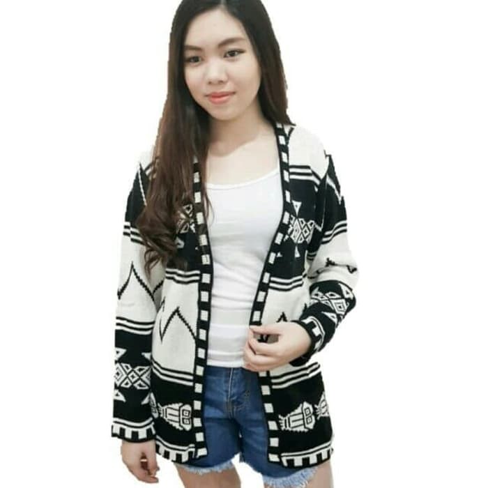 Flash 035 CARDIGAN WANITA RAJUT TEBAL BIG SIZE XL HITAM PUTIH BERRY GINNA ThevaShop