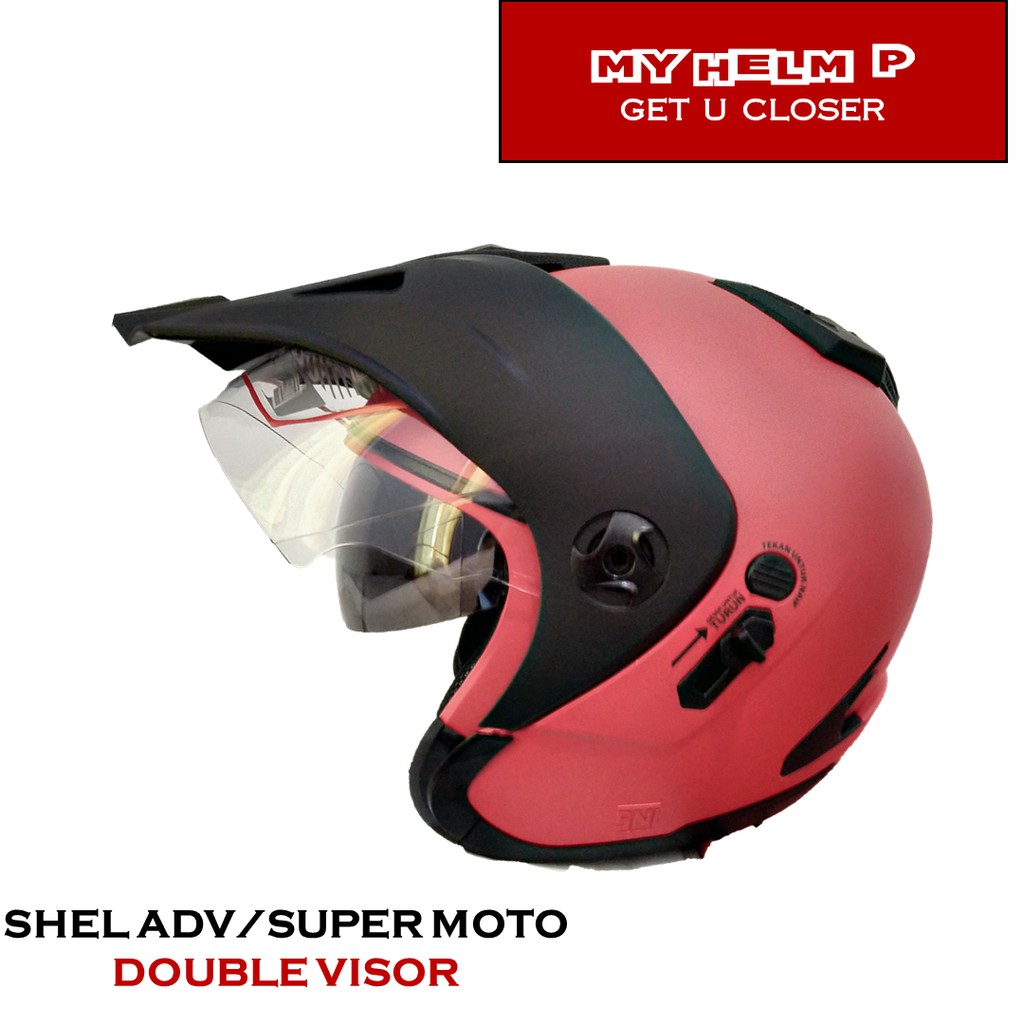 Helm SUPER MOTO SHEL ADV Double Visor Polos Warna Fire Red Dof