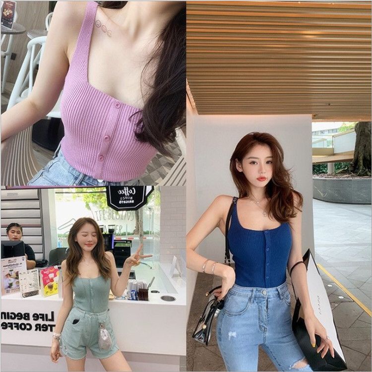 Tanktop korea tank top kancing rib knit rajut halus dalaman wanita jepang atasan cewek kamisol-3