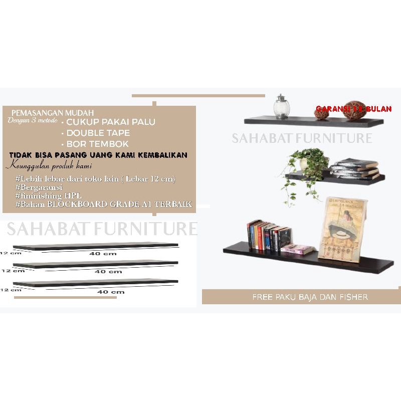 Rak dinding ambalan 3 pcs 40 cm 40 cm 40 cm lebar 12 cm