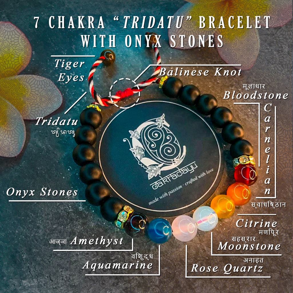 Gelang Tridatu Cakra 7 Batu Kristal dengan Onyx Stone - Gelang Energi Chakra untuk Konsentrasi dan Kejernihan Pikiran