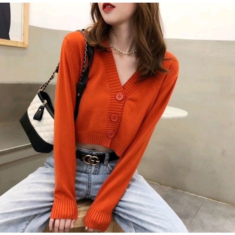 CARDI RAJUT CROP LUNA/ Crop top 3 Boton Shirt / Atasan Sweater Rajut Premium / Baju Murah Berkualitas-BB-35-55-KG