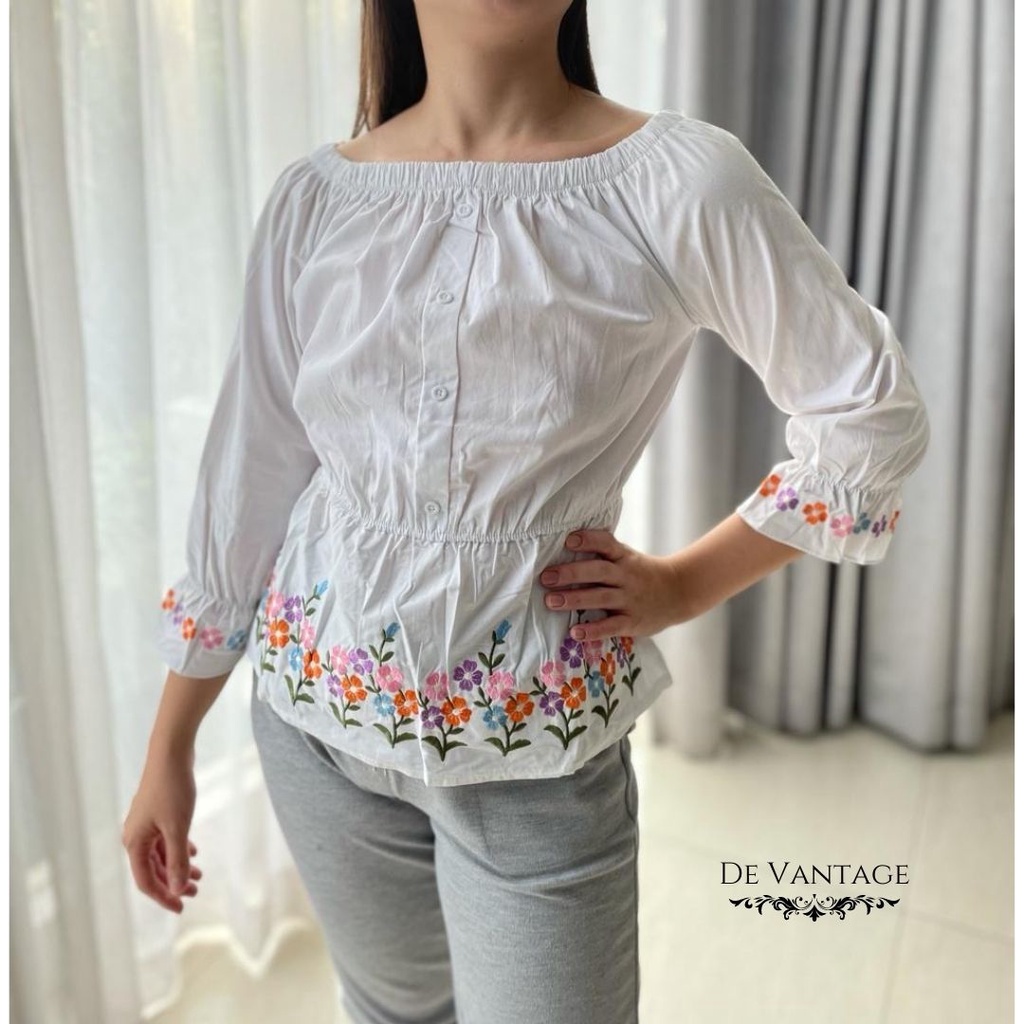 Blouse Katun Sabrina / Blouse Bunga Peplum / Off Shoulder Floral Blouse