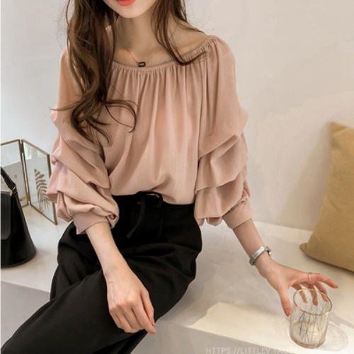 #Sisjuly# Wanita gaya Korea satu kata leher off-the-shoulder kemeja sifon longgar desain licik kemej