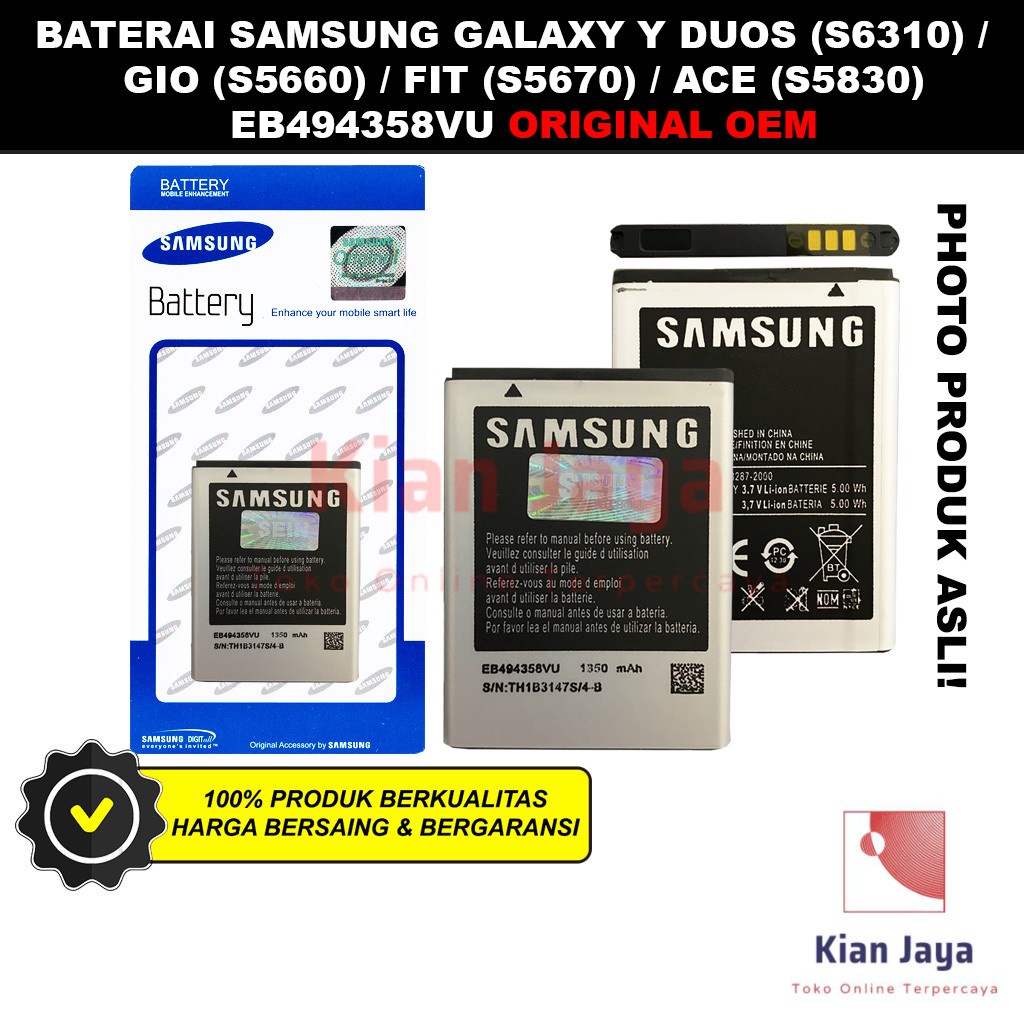 Baterai Samsung Galaxy Ace S5830 Gio S5660 Fit S5670 Y Duos S6102 Young S6310 Original OEM Batre Batrai Battery Hp EB494358VU Ori