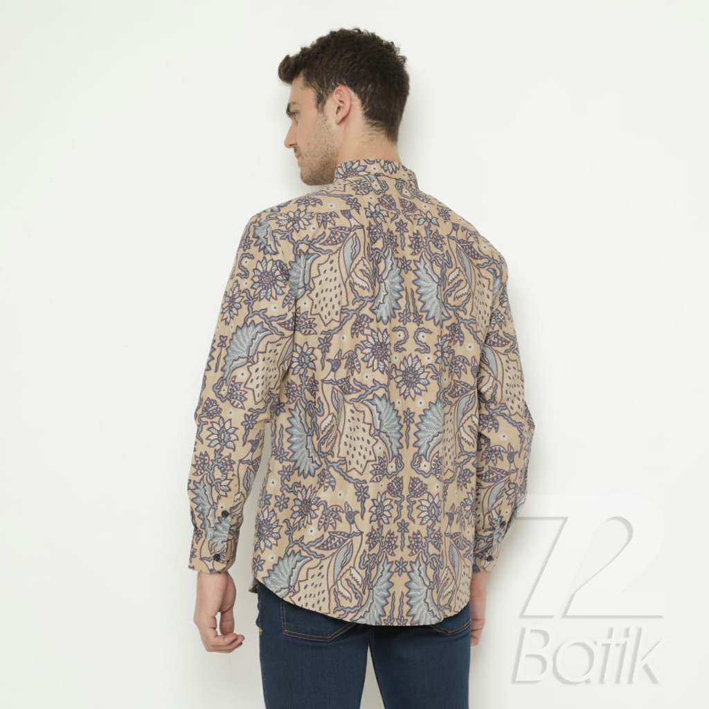 KEMEJA BATIK PRIA Lengan Panjang Premium Motif Burung Kembang Putih Tulang Cream Krem 723453 Cap 72 - Baju Kemeja Atasan Pakaian Setelan Batik Pria Cowok Laki Laki Remaja Keluarga Kantor Lengan Panjang Modern Slimfit Slim Fit Premium Kekinian