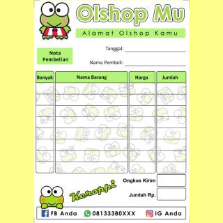 Nota Penjualan Pembelian Custom Toko Olshop Online Shop Karakter Kartun Keroppi Unik Lucu Imut Murah