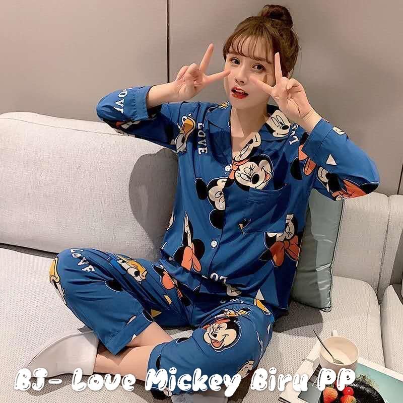 MDLV~BAJU TIDUR LOVE MICKEY BIRU PP BAJU TIDUR IMPORT CEWEK BEST SELLER LENGAN PANJANG PIYAMA IMPORT