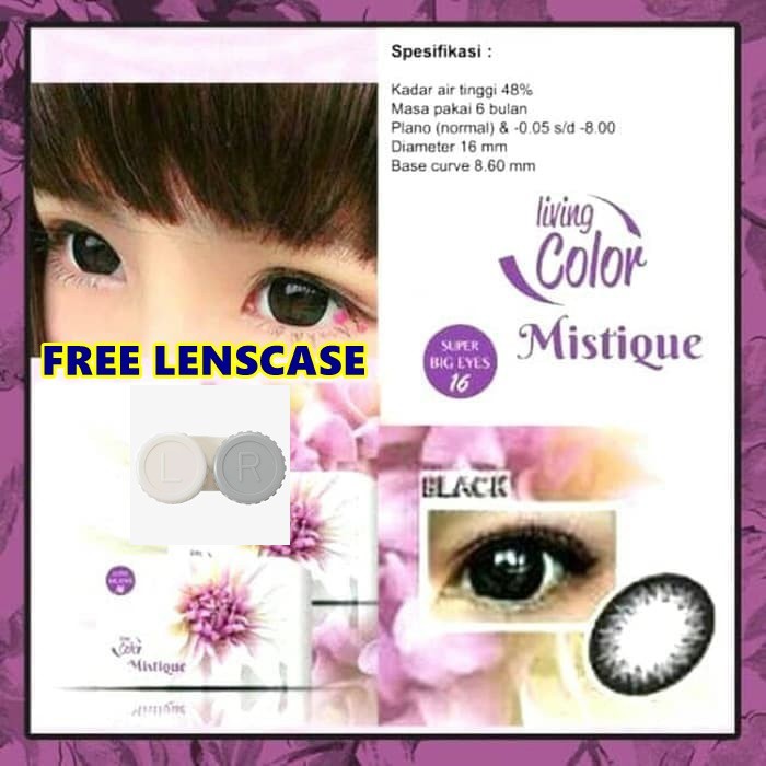 Paket BLACK Mistique Softlens Living Color + FREE Lenscase + FREE Cairan Softlens 60ml - Warna Black