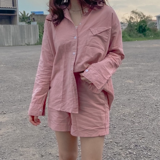 Letatio Joy One Set Wanita Kemeja Linen Oversize dan Celana Pendek (Shirt + Short) Peach Pink Merah 