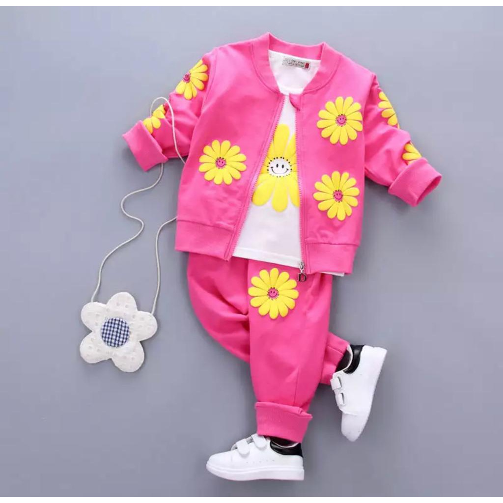 SETELAN 3 IN 1 SUN FLOWER SETELAN ANAK ANAK PEREMPUAN BAJU ANAK PEREMPUAN JAKET ANAK PEREMPUAN