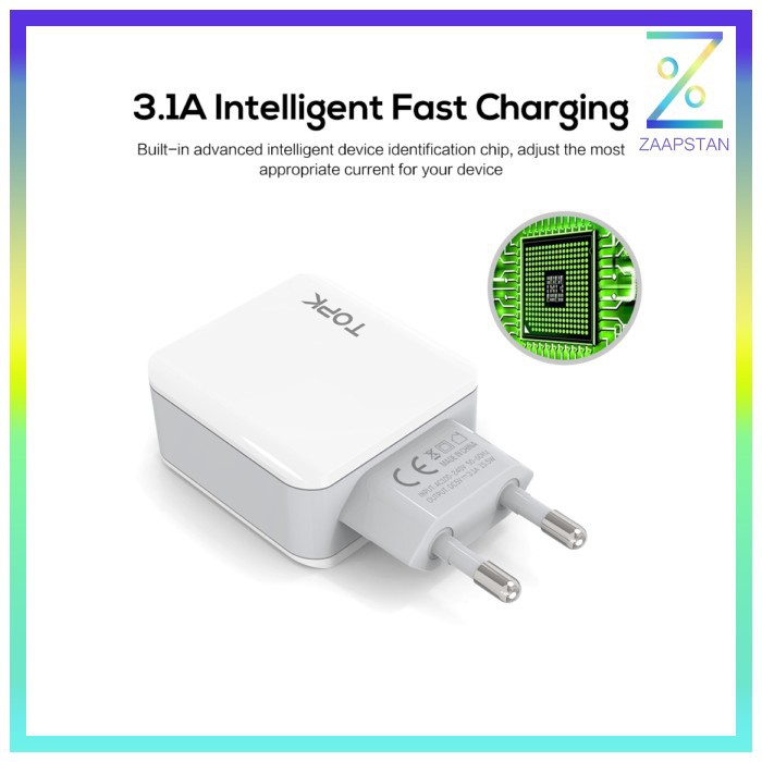 TOPK Charger USB 3 Port 3.1A Fast Charging EU Plug - A3301 - White