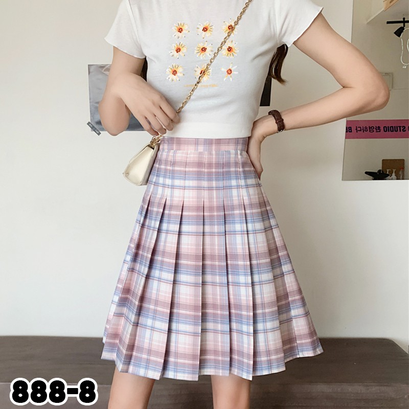 888 Tartan Midi Tennis Skirt/Korean Pleated Skirt/Rok Midi/Rok Tartan/Rok Lipit Lisa Blackpink/Rok Autumn/Rok Korea Skirt-5