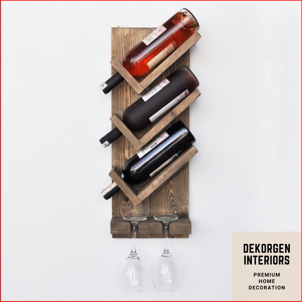 Wooden Wine Rack Rak Wine Kayu Tempel Dinding Kapasitas 3 Botol 2 Gelas Rak Dinding Rak Botol Kayu