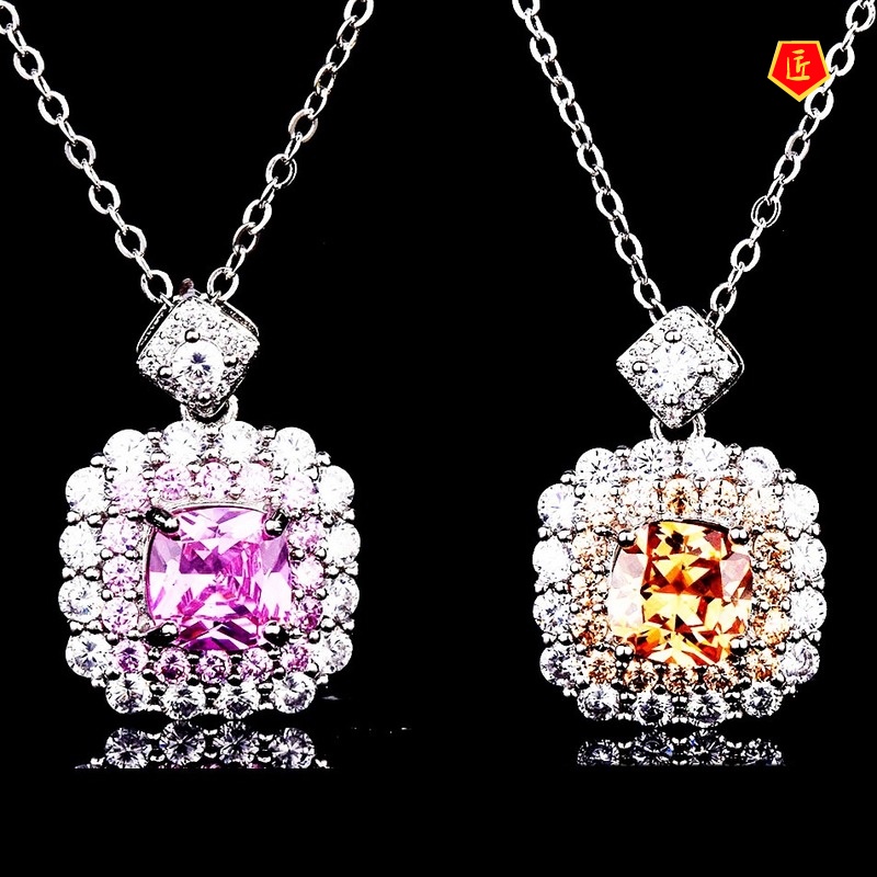 [Ready Stock]Pink Square Diamond Group Inlaid Zircon Colored Gems Pendant Women's Fashion All-Matching