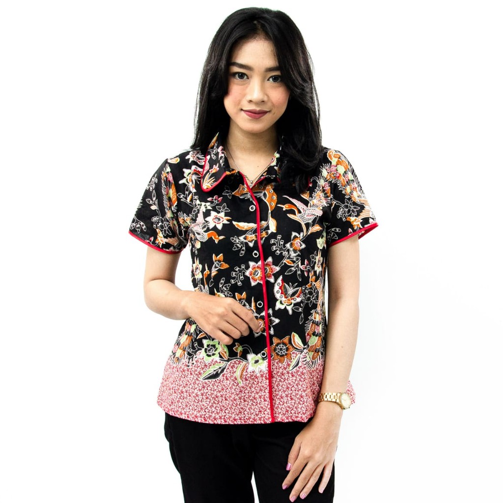 Kemeja Wanita lengan Pendek Hitam Berkerah Motir Burung | Size = S-M-L-XL-XXL-3L-4L-5L