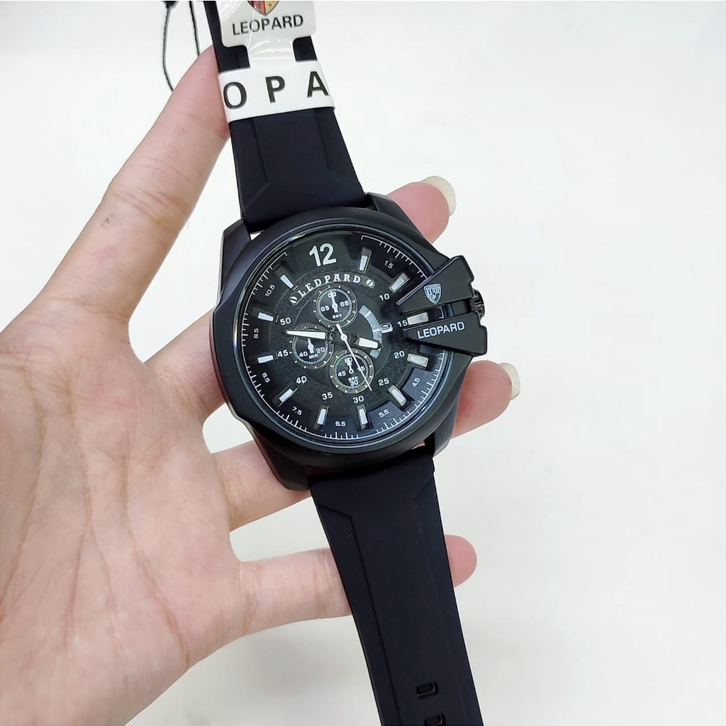 Jam tangan pria LEOPARD tali rubber chrono off tanggal aktif