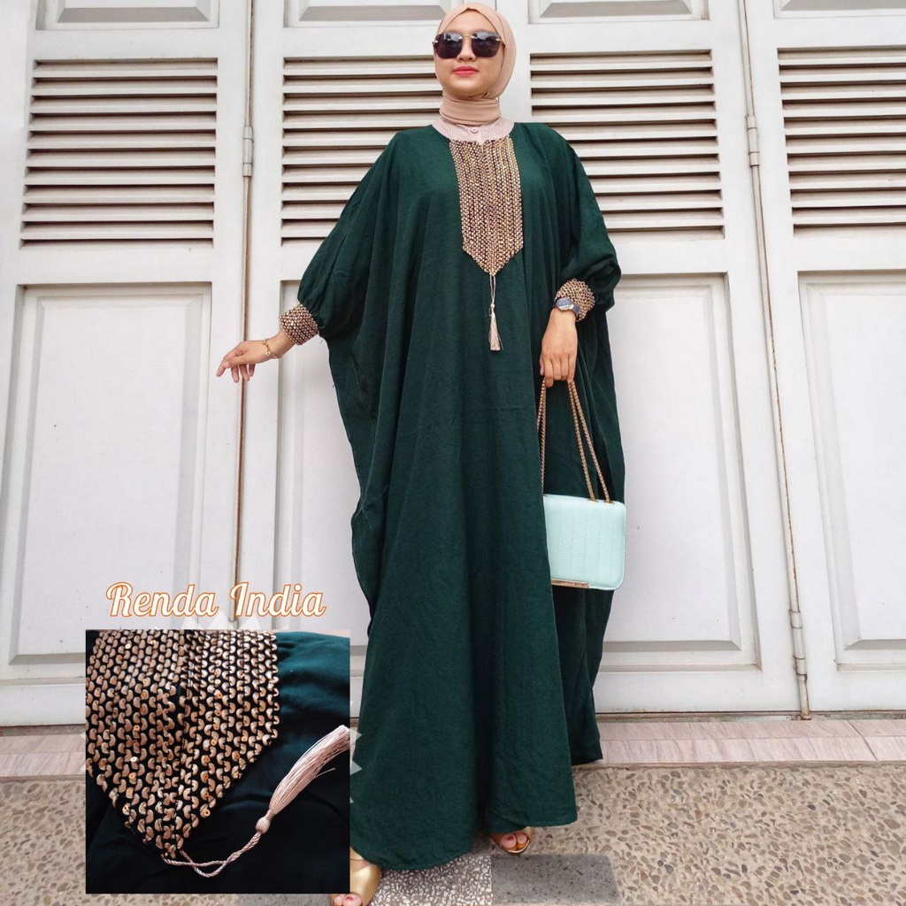 Kaftan Wanita Jumbo Polos Renda India Rayon Premium Gamis Terbaru Bigsize Lengan Karet Baju Muslim Kekinian LD 180 cm